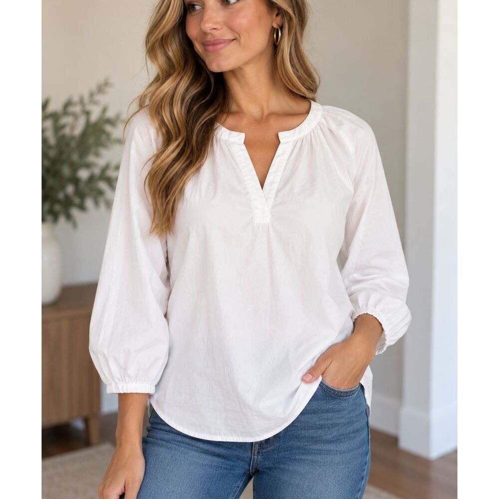 Lauren Ralph Lauren White Cotton Tunic Top M Long Sleeve V-Neck Blouse